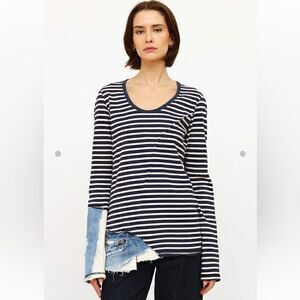 Greg Lauren Mixed Media Denim Stripe Asymmetric Shirt